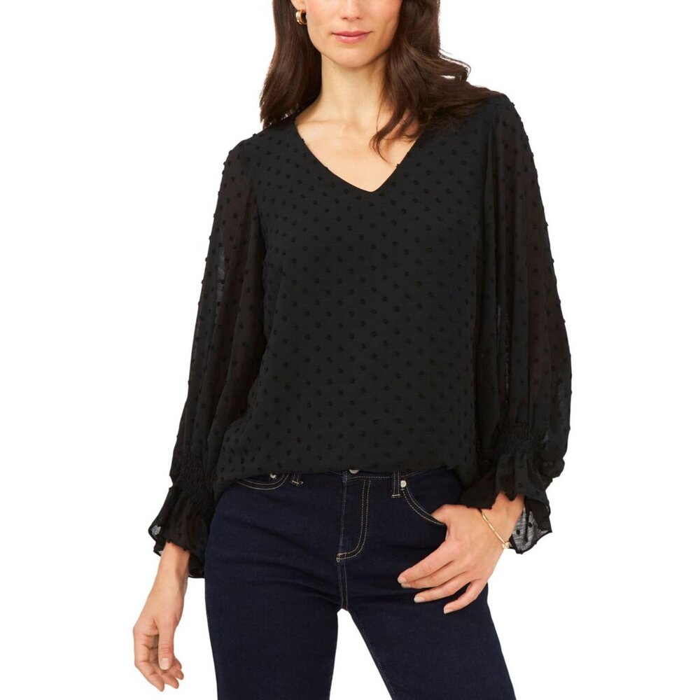 NWT Sam & Jess Womens V-Neck Smocked Cuff Lined V-Neck Top Black M